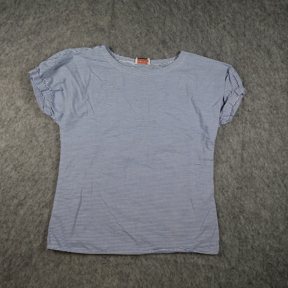 Saks Fifth Avenue Top Women Small Blue Striped Short Sleeve Boat Neck Pullover